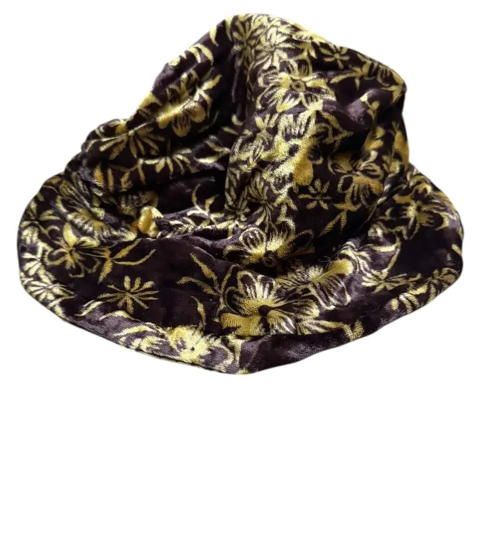 Y2K Brown Gold Floral Velvet Bucket Hat Soft Viscose Made in India - Picture 2 of 6